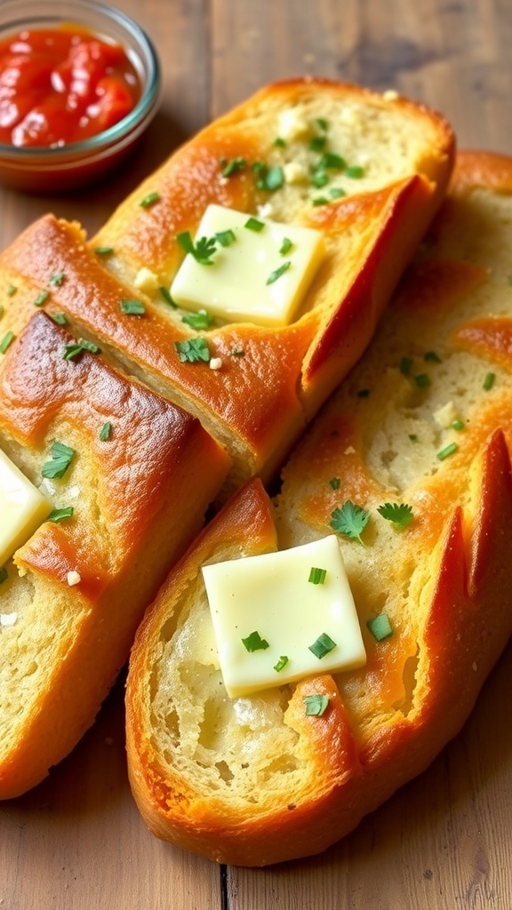 Golden garlic bread loaf with crispy crust and soft interior, garnished with parsley, served with marinara sauce.